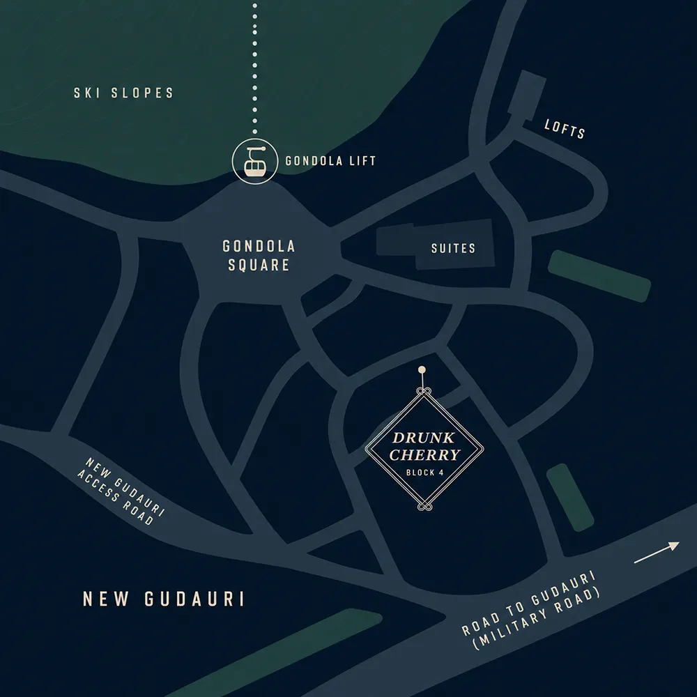 Simplified street map showing the location of Drunk Cherry in New Gudauri
