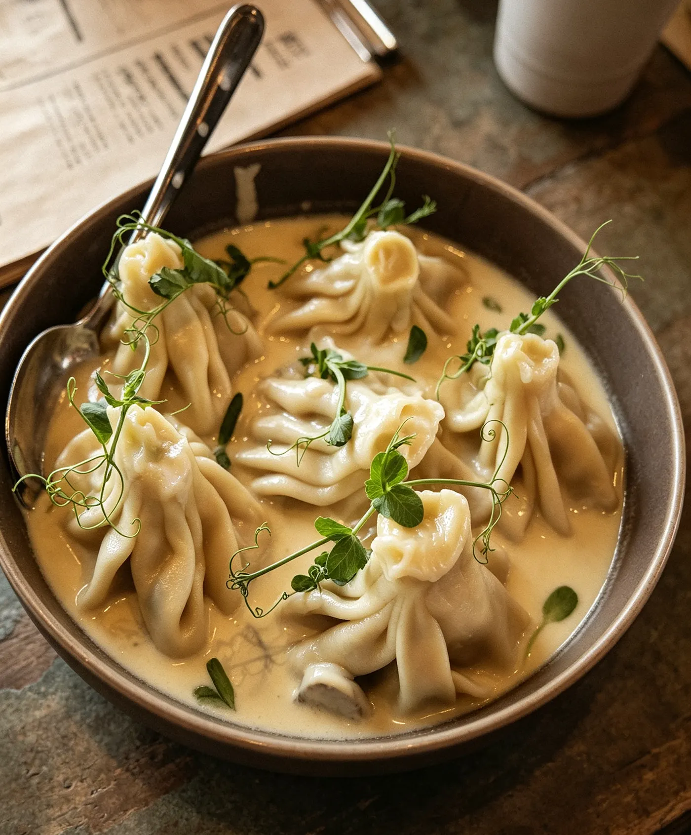 Steamed dumplings served at the table